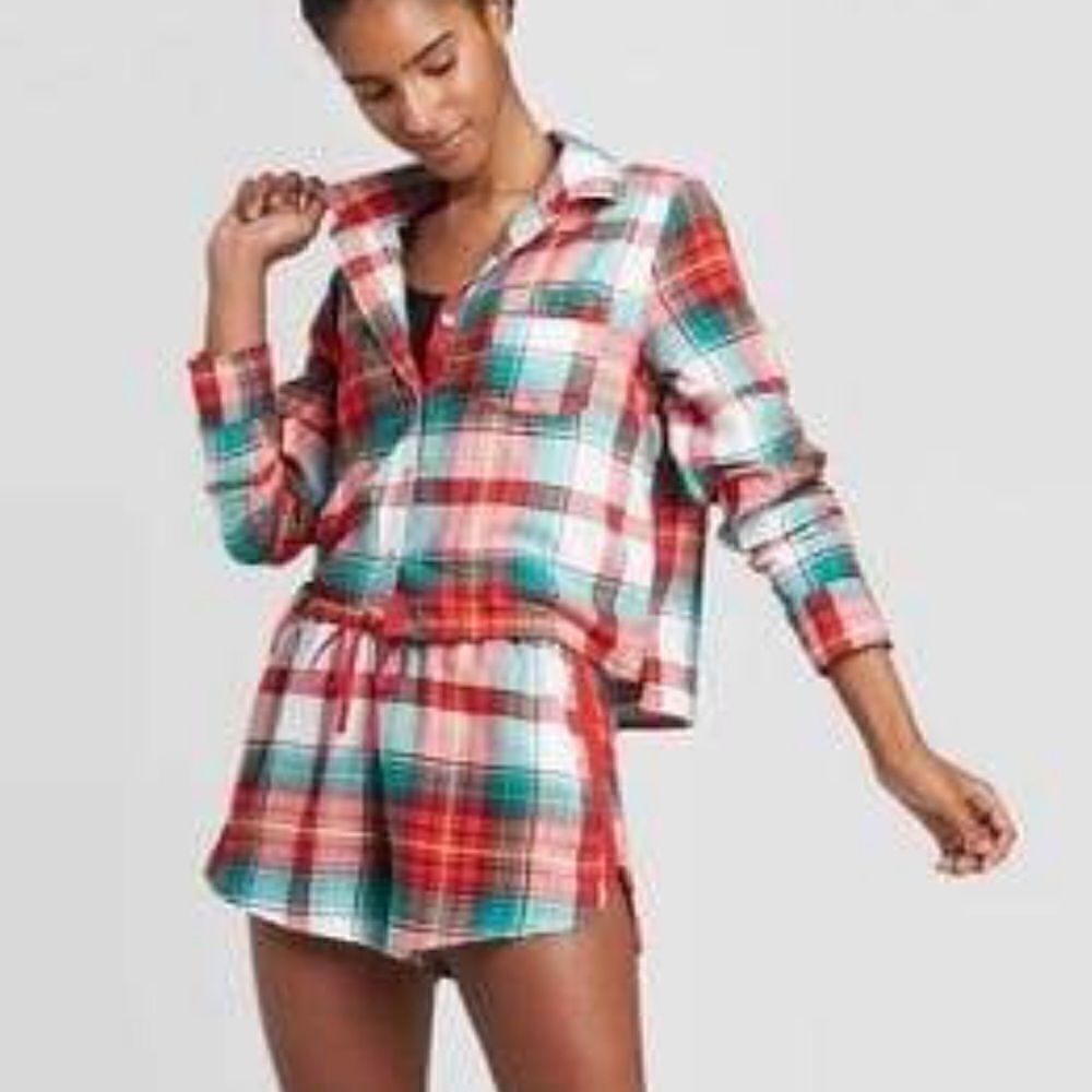 CALSIE Plaid Flannel Notch Collar Pajama Size M